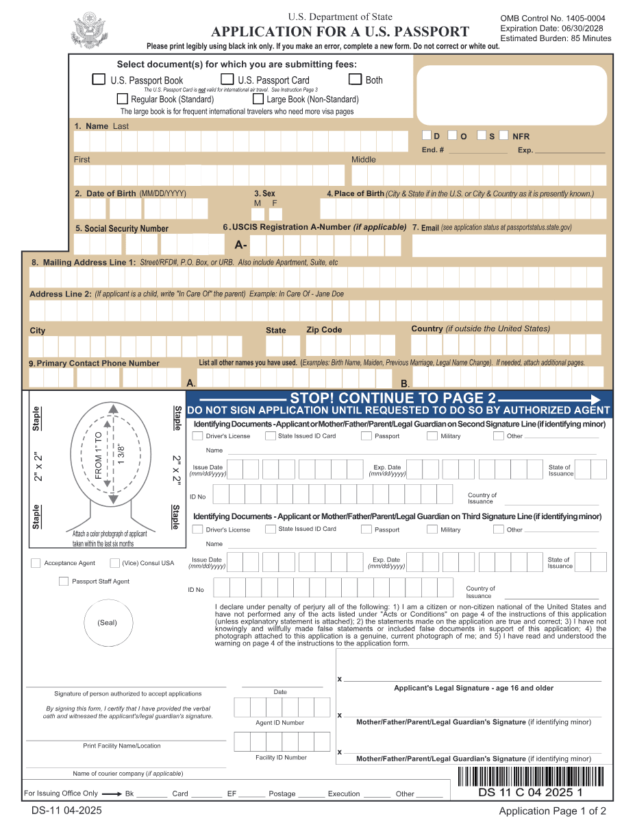Preview of Form DS-11, the U.S. passport application