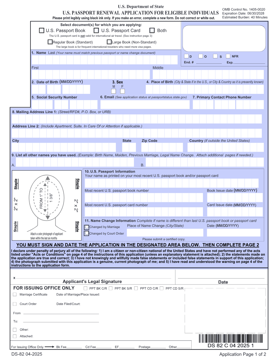 Preview of Form DS-82, the U.S. passport application